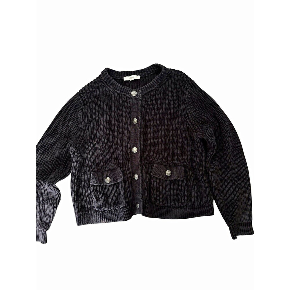 Black Cotton chunky rib Cardigan preppy nautical insignia buttons w pockets XL